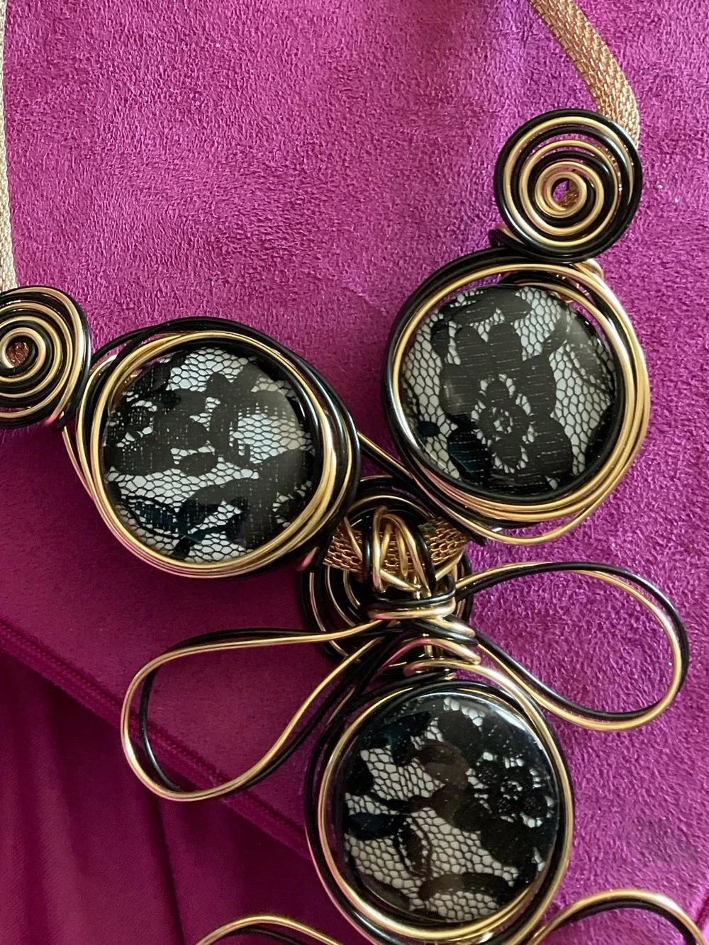 Handmade Black Lace Wirework Statement Necklace Gold Tone 18